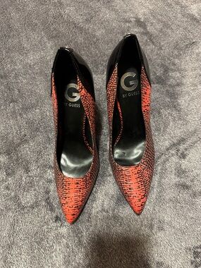 G by Guess Red and Black Animal-Print Pointed Toe Pumps